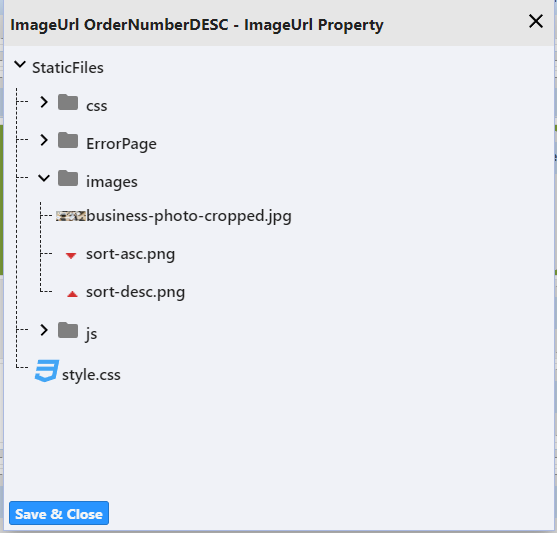 “Static File Lookup” helper used for the “ImageURL” property